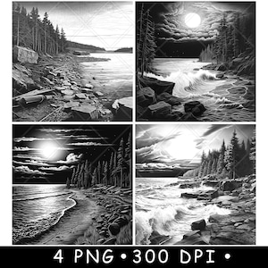 Lake River Rocky Shore Seaside Coastal Nature Landscape Laser File Coaster Burn Grayscale Slate PNG Image Engrave Black White Etch CO2 Cnc