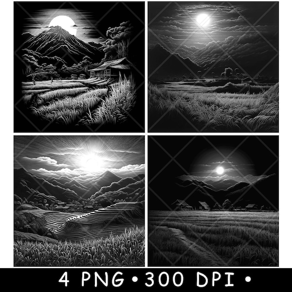 Rice Mountain Asiatische Landschaft Feld Paddy Szene Untersetzer Laserdatei Schiefer Ätzgravur Schwarz Weiß PNG Bilder,Glowforge,LightBurn,CO2,Cnc