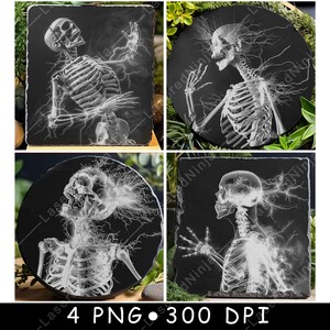 May include: Four square black coasters featuring white skeletal images of a human skull with lightning bolts. The coasters are made from a dark, textured material.