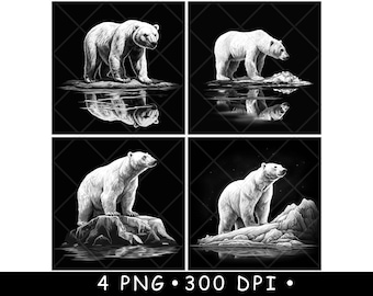 Op de afbeelding: Vier zwart-witte digitale illustraties van ijsberen die op ijsvlaktes staan. De beren kijken naar rechts en worden weerspiegeld in het water eronder.