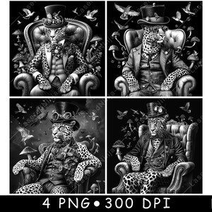 May include: A set of four black and white digital illustrations featuring a leopard wearing a top hat and formal attire, seated in an armchair surrounded by mushrooms and birds. The text at the bottom reads 4 PNG 300 DPI.