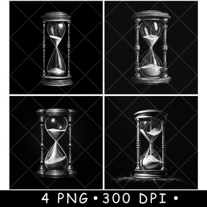 May include: Four distinct black and white illustrations of hourglasses, each featuring a glass bulb with sand flowing between chambers, supported by a frame with a circular base and top, presented as digital files labeled 4 PNG 300 DPI.