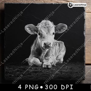 Baby Kuh Kalb Rinder Bauernhof Jungtier Land Nutztier Laser Untersetzer Brennen Graustufen Schiefer PNG Bild Gravieren Schwarz Weiss Etch CO2 Cnc