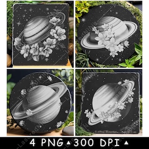 Planète Saturne, fleur, espace galactique, anneau cosmique, fichier laser céleste, sous-verre, gravure en niveaux de gris, image PNG, gravure en noir et blanc, gravure au CO2 Cnc