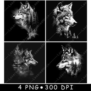 Wolf Hoofd Dennenbos Bos Natuur Wildlife Roofdier Laserbestand Onderzetter Branden Grijswaarden leisteen PNG-afbeelding Graveren zwart wit etsen CO2 CNC
