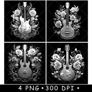 Guitare électrique, roses, musique florale, fleurs, lecture acoustique, fichier laser, sous-verre, gravure en niveaux de gris, ardoise, image PNG, gravure, noir blanc, gravure, CO2, CNC