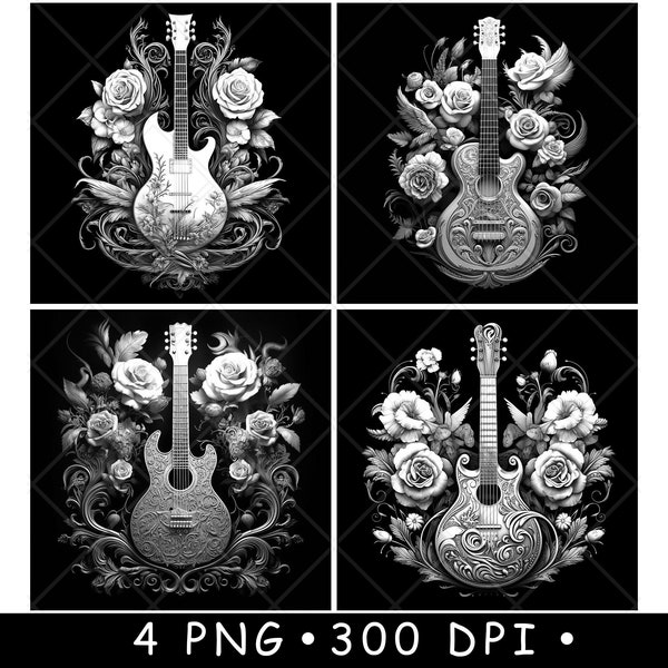 Floral Guitar Bundle Black White Acoustic Music Roses Instrument PNG Laser Engraving Design