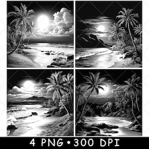 Spiaggia Oceano Mare Tramonto Scena Luna Alba Laser PNG Ardesia Sottobicchiere Incisione Bruciatura del legno Nero Bianco Cnc,Glowforge,LightBurn,Diodo CO2,xtool