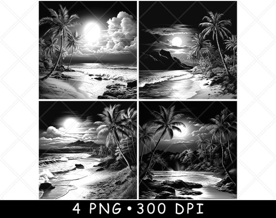 Beach  Ocean Sea Sunset Scene Moon Sunrise Laser PNG Slate Coaster Etch Wood burn Black White Cnc,Glowforge,LightBurn,CO2 Diode,xtool