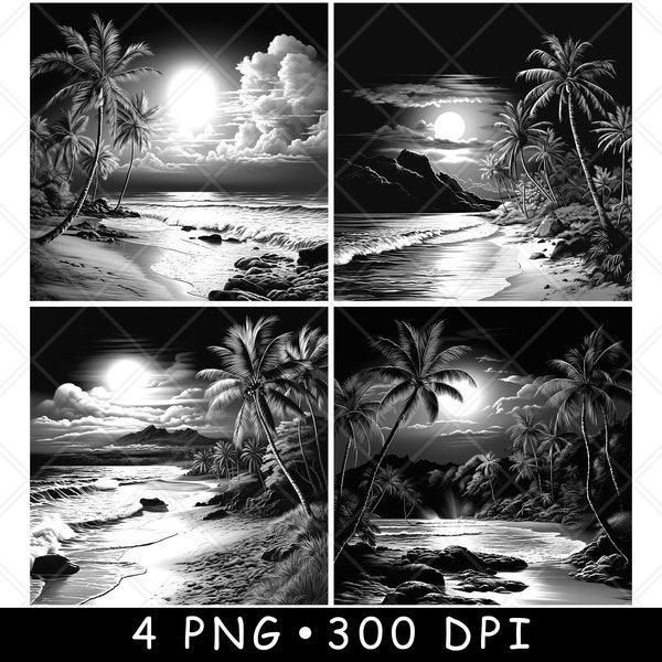 Beach  Ocean Sea Sunset Scene Moon Sunrise Laser PNG Slate Coaster Etch Wood burn Black White Cnc,Glowforge,LightBurn,CO2 Diode,xtool