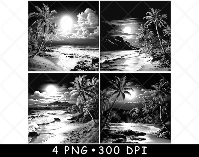 May include: Four black and white digital illustrations of a tropical beach scene with palm trees, a crescent moon, and waves crashing on the shore.
