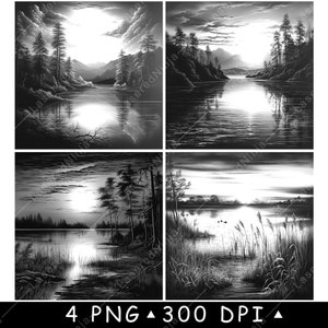 Meer Zonsondergang Scène Moeras Zonsopgang Rivierwater Riet Grassen Laserbestand Onderzetter Branden Grijswaarden leisteen PNG-afbeelding Graveren Zwart Wit Etsen CO2 CNC
