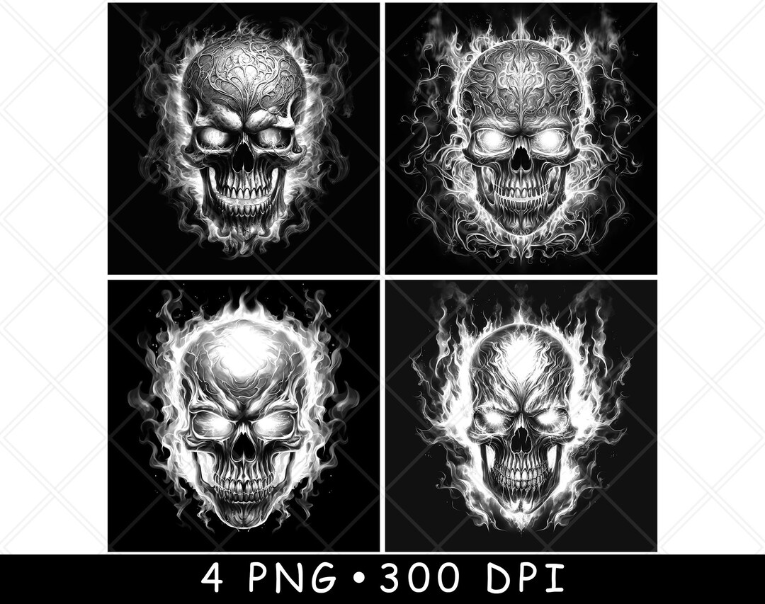 Flaming Skull Collection Fire-wreathed Skeleton Faces Black White
