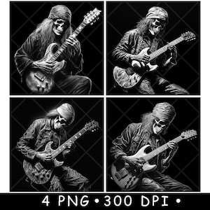 Skeletgitarist schedel rockgitarist dood lijk laserbestand onderzetter branden grijswaarden leisteen PNG-afbeelding graveren zwart wit etsen CO2 cnc