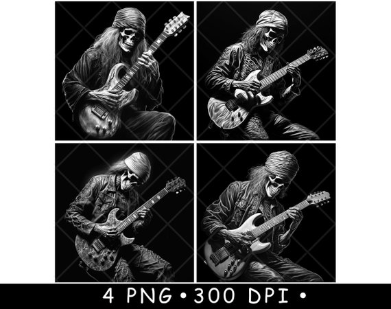 Skull Guitarist Rock Bundle Black and White Metal Musician Designs