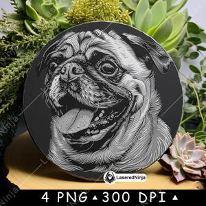 パグ犬ペット子犬かわいい肖像画顔舌出しフレンドリーレーザーファイルコースター焼き付けグレースケールスレートPNG画像彫刻黒白エッチングCO2CNC