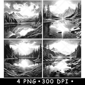 Paesaggio di montagna Lago Acqua Inverno Pini Natura Laser File Coaster Brucia Scala di grigi Ardesia PNG Immagine Incidere Nero Bianco Incisione CO2 Cnc