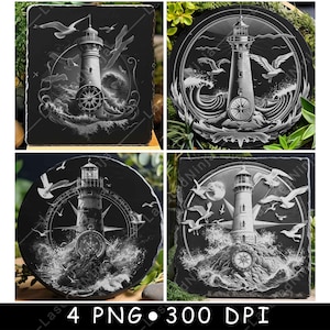 Faro Bussola Gabbiani in volo Onde dell'oceano Navigazione File laser Sottobicchiere Brucia Scala di grigi Ardesia Immagine PNG Incisione Nero Bianco Incisione CO2 CNC