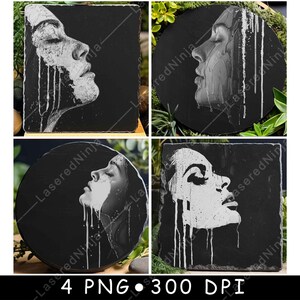 Rostro de mujer con pintura goteando, retrato femenino emocional, fundido, archivo láser, posavasos, quemado, escala de grises, pizarra, imagen PNG, grabado, blanco y negro, grabado, CO2, CNC