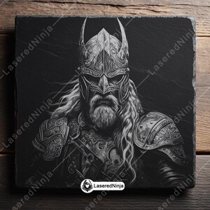May include: Black and white illustration of a warrior wearing a horned helmet and armour. The warrior has a long beard and a serious expression.