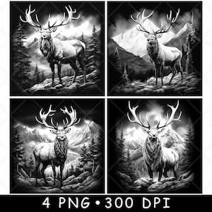 Stier Elch Karibu Wapiti Maultier Reh Geweih Bock Wald Hirsch Laser Untersetzer Brennen Graustufen Schiefer PNG Bild Gravieren Schwarz Weiß Etch CO2 Cnc
