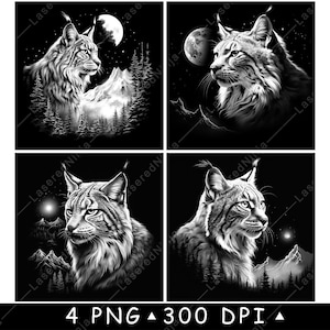 Luchs Bobcat Katzenkopf Mond Berg Szene Wilden Punkt Laser Untersetzer Brennen Graustufen Schiefer PNG Bild Gravieren Schwarz Weiß Etch CO2 Cnc