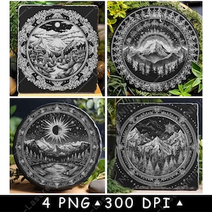 Natuur mandala ontwerp berg rivier pijnbomen bos laserbestand onderzetter branden grijswaarden leisteen png-afbeelding graveren zwart wit etsen CO2 cnc