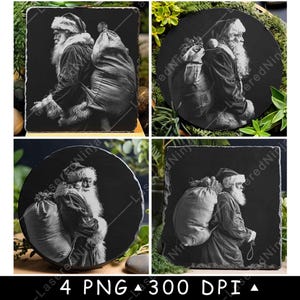 Père Noël, grand sac, cadeaux, jouets, réveillon de Noël, fichier laser, sous-verre, graver, niveaux gris, ardoise, image, PNG, graver, noir blanc, gravure, CO2, CNC
