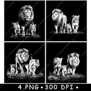 Famille de lions, Afrique, scène de la vie sauvage, roi, jungle, Alpha, fichier laser, sous-bock, gravure en niveaux de gris, ardoise, image, PNG, graver, noir blanc, eau-forte, CO2, Cnc