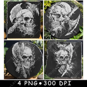 May include: Four black and white images of skull and crossbones designs. Each image features a skull with a different design and a crossbones pattern. The images are set against a black background.