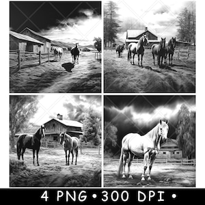 Ferme équestre rustique grange ranch scène de campagne laser PNG stable sous-bock en ardoise gravure sur bois noir blanc Cnc, Glowforge, LightBurn, Diode CO2, xtool