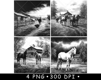 Horse Barn Art Rustic Farm Equine PNG Black White Country Design Pasture Stable Print Laser Engraving File