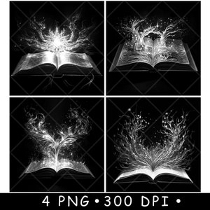 May include: Four digital illustrations of open books with glowing white magical imagery emanating from the pages. The images are set against a black background.