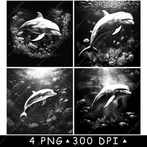 Grand dauphin, scène sous-marine, océan mer, poisson, montagnes russes, fichier laser, ardoise, gravure, noir blanc, PNG, phosphorescent, lightburn, CO2, CNC