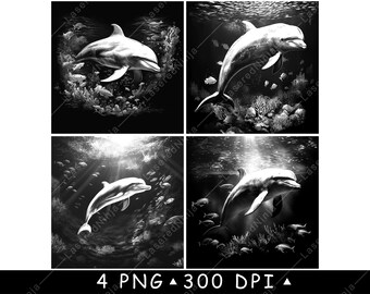 Dolphin Underwater Laser Engraving Design Ocean Reef Marine Mammal Black White Image Art Print