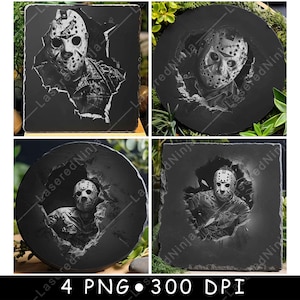 Máscara de sexta-feira Halloween 13º buraco Horror assustador Tema escuro Arquivo a laser Coaster Burn Grayscale Slate Imagem PNG Gravar Preto Branco Gravar CO2 CNC