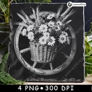 Houten kar wagenwiel rieten mand bloemen vintage kunst laserbestand onderzetter branden grijstinten leisteen PNG-afbeelding graveren zwart wit etsen CO2 CNC