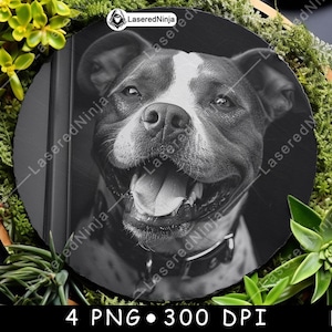 Cabeza de pitbull feliz en la ventanilla del coche, paseo divertido canino juguetón, archivo láser, posavasos, pizarra en escala de grises, imagen PNG, grabado en blanco y negro, grabado con CO2, CNC
