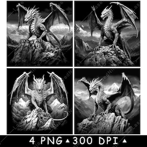 Drachen Drache Berg Boulder Rock Fantasy Szene Untersetzer Laser File Schiefer Etch Gravieren Schwarz Weiß PNG, Glowforge, LightBurn, CO2, xtool,Cnc