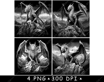 May include: A set of four black and white digital illustrations featuring a dragon perched on a rocky mountain peak with wings spread. The text at the bottom reads 4 PNG 300 DPI. Each image depicts a different pose of the dragon against a mountain range.