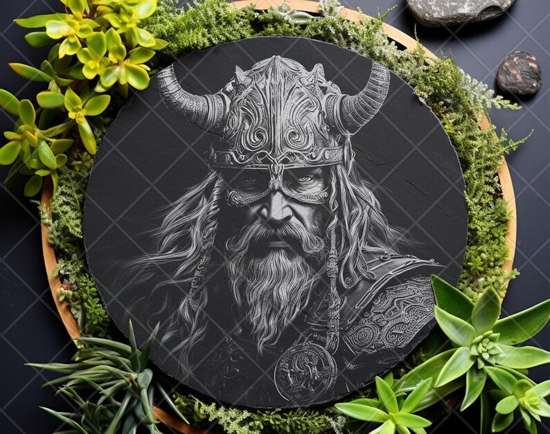 May include: A black and white illustration of a Viking warrior with a horned helmet and a long beard. The illustration is on a round, black slate plaque.