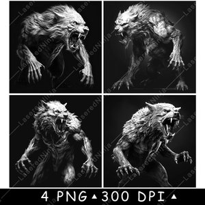 Lupo mannaro Wolfman Bestia mitologica Mostro Lupo Lycan Horror Laser File Coaster Brucia Scala di grigi Ardesia PNG Immagine Incisione Nero Bianco Incisione CO2 Cnc