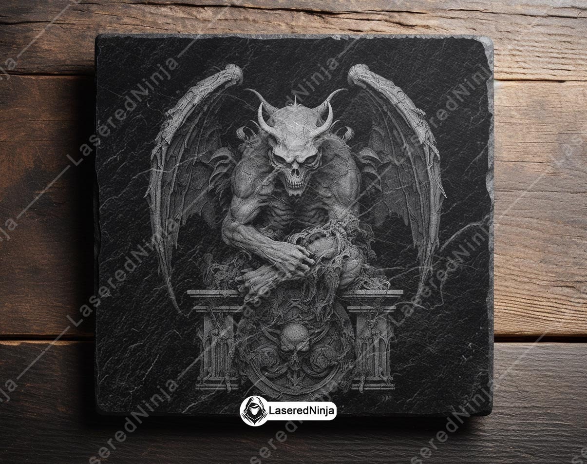 Gargoyle Throne Wings Horns Gothic Black White Laser Engraving