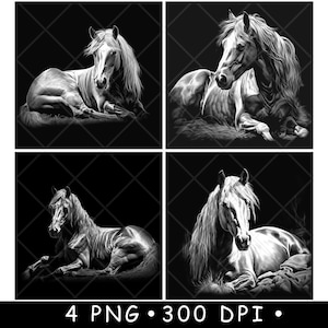 Cheval couché au sol, pose de repos, ferme, scène de la faune, fichier laser, sous-verre, gravure en niveaux de gris, image PNG, gravure en noir et blanc, gravure CO2 CNC