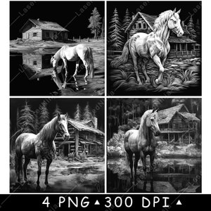 Wild paard rustieke hut bos meer bos retraite huisje laserbestand onderzetter branden grijstinten leisteen PNG-afbeelding graveren zwart wit etsen CO2 cnc