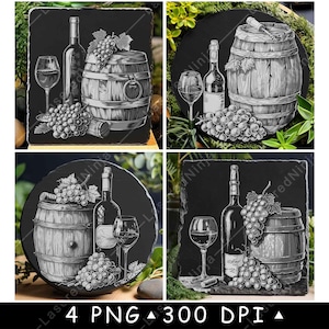 Trauben Weinglas Flasche Holzfass Weinberg Getränke Laser Untersetzer Brennen Graustufen Schiefer PNG Bild Gravieren Schwarz Weiß Etch CO2 Cnc