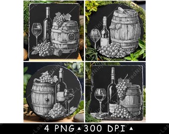 Grapes Wine Glass Bottle Wooden Barrel Vineyard Beverage Laser File Coaster Burn Grayscale Slate PNG Image Engrave Black White Etch CO2 Cnc