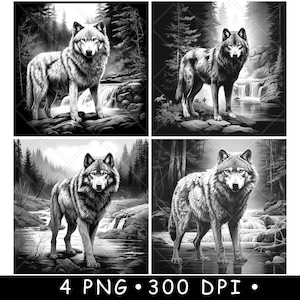 Lone Wolf Canine Alpha Wasserfall Wild Hunter Fluss Wald Laser Untersetzer Brennen Graustufen Schiefer PNG Bild Gravieren Schwarz Weiß Etch CO2 Cnc