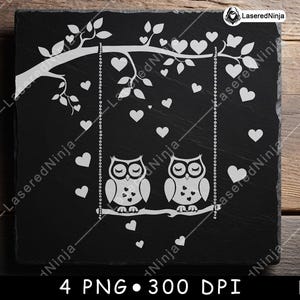 Eulen Schaukel Ast Paar Herzen Romantische Liebespaar Laser Datei Untersetzer Brennen Graustufen Schiefer PNG Bild Gravieren Schwarz Weiß Etch CO2 Cnc