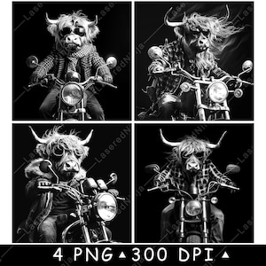 Motorfiets Highland Cow Animal Biker Retro Stijlvol Vee Laserbestand Coaster Branden grijstinten leisteen PNG-afbeelding graveren zwart wit etsen CO2 cnc